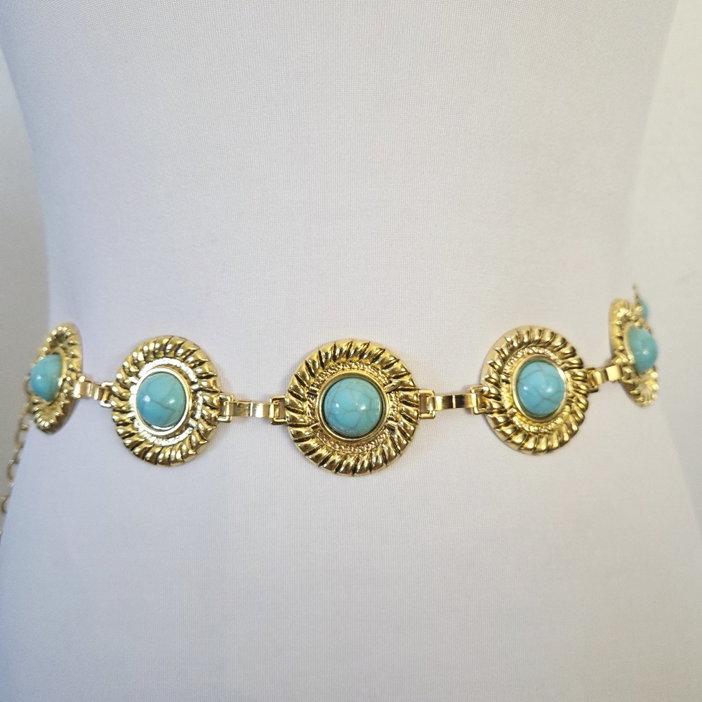 Circular Textured Gold and Turquoise Chain Belt - Picture 4 of 8